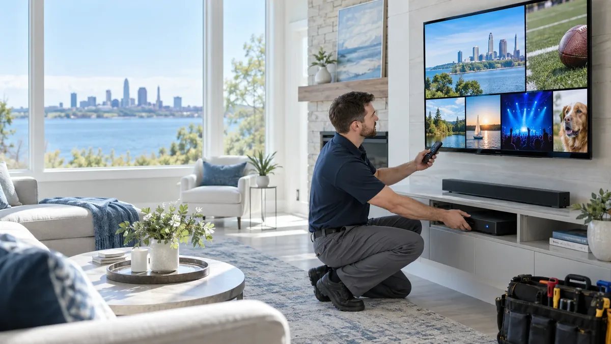 DIRECTV installation technician configuring television service in a Northeast Ohio home