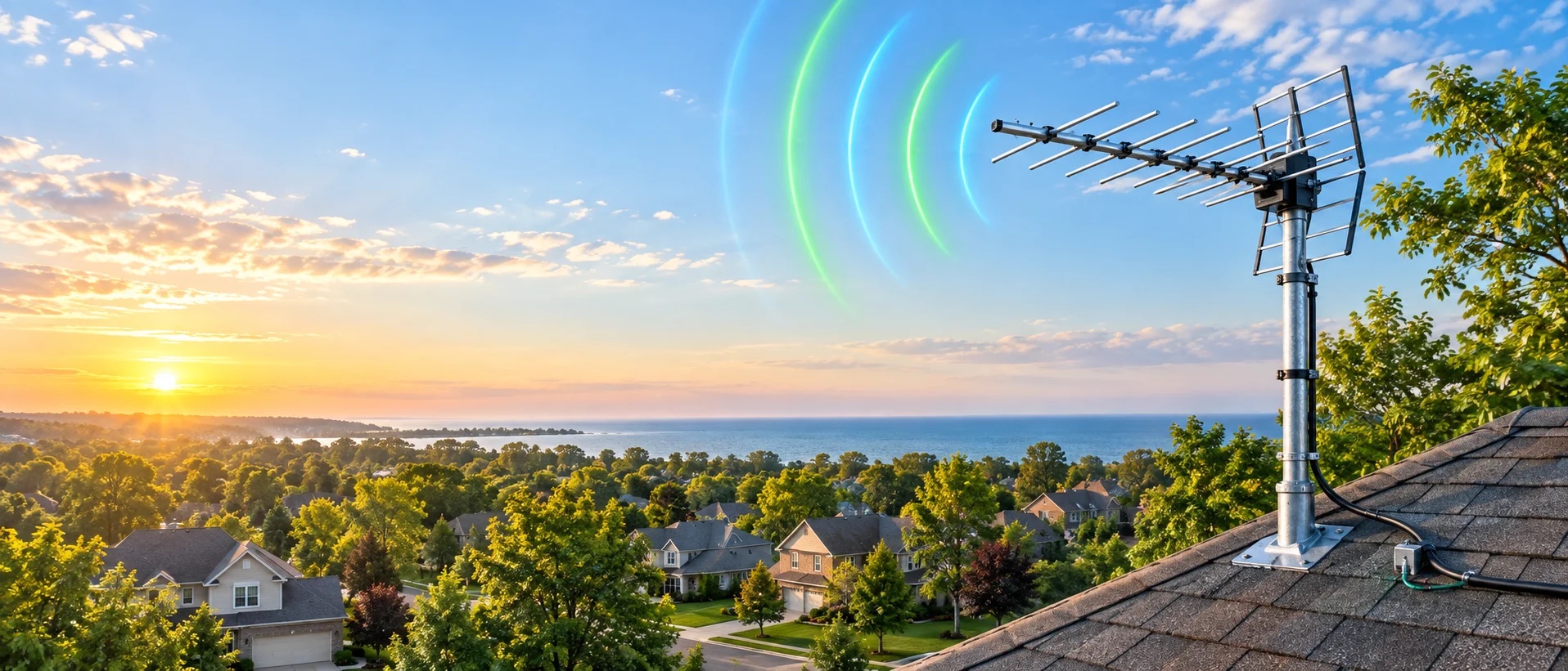 Rooftop HD television antenna serving a Northeast Ohio neighborhood