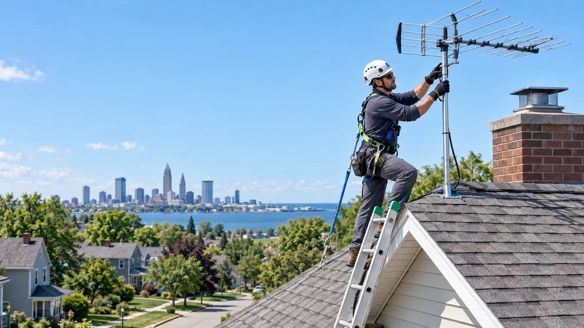 Professional rooftop HD antenna installation on a Northeast Ohio home
