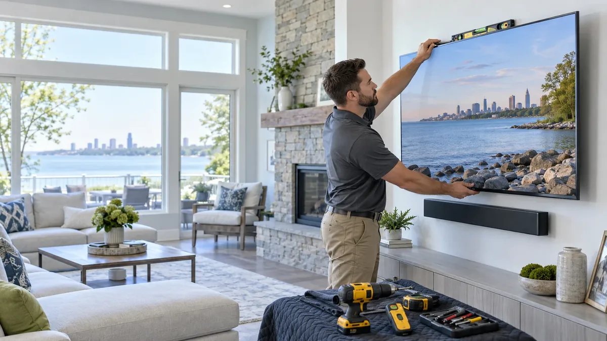 Professional wall-mounted television installation with concealed cables in Northeast Ohio