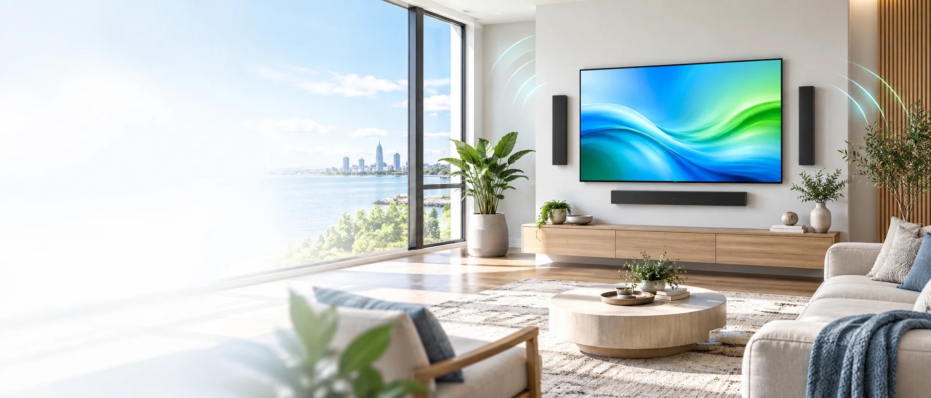 Bright modern living room with a wall-mounted television and audio-video system